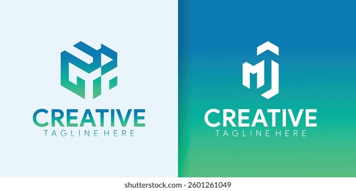 Hexagon logo design on gradient background; branding
