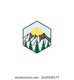 Hexagon logo featuring a sunrise over snow-capped mountains with evergreen trees
