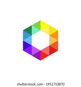 Hexagon Logo Symbol. isometrischer Würfel. bunter Juwelensymbol. abstraktes Wabendesign. hexagonales Farbschema. geometrische Form. einzeln auf weißem Hintergrund. Vektorgrafik