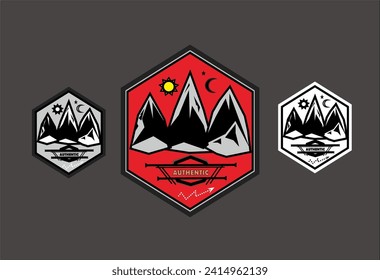 hexagon logo with a mountain design in the morning and evening