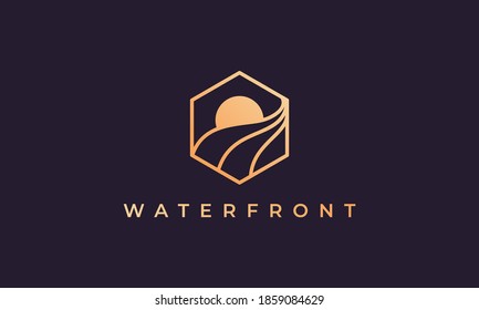 hexagon logo with sea water wave from line and sun in a simple and modern shape