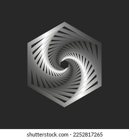 Hexagon logo spiral perspective pattern with twisting, mystic portal fractal geometric shape artwork, hypnotic form design template.