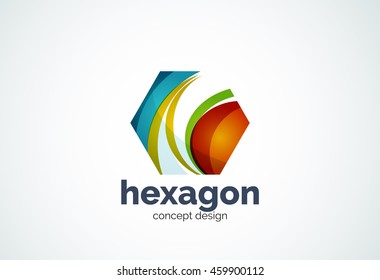 Plantilla de logotipo de hexágono, concepto de celda - estilo mínimo geométrico, creado con elementos de curva superpuestos y ondas. Emblema de identidad corporativa, elemento abstracto de marca de empresa