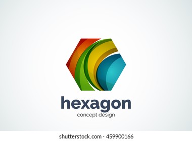 Hexagon logo template, cell concept - geometric minimal style, created with overlapping curve elements and waves. Corporate identity emblem, abstract business company branding element