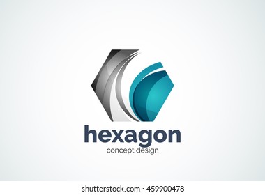 Plantilla de logotipo de hexágono, concepto de celda - estilo mínimo geométrico, creado con elementos de curva superpuestos y ondas. Emblema de identidad corporativa, elemento abstracto de marca de empresa