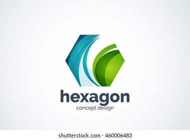 Plantilla de logotipo de hexágono, concepto de celda - estilo mínimo geométrico, creado con elementos de curva superpuestos y ondas. Emblema de identidad corporativa, elemento abstracto de marca de empresa