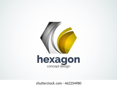 Hexagon logo template, cell concept - geometric minimal style, created with overlapping curve elements and waves. Corporate identity emblem, abstract business company branding element