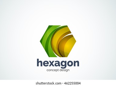 Plantilla de logotipo de hexágono, concepto de celda - estilo mínimo geométrico, creado con elementos de curva superpuestos y ondas. Emblema de identidad corporativa, elemento abstracto de marca de empresa