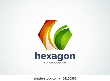 Hexagon logo template, cell concept - geometric minimal style, created with overlapping curve elements and waves. Corporate identity emblem, abstract business company branding element