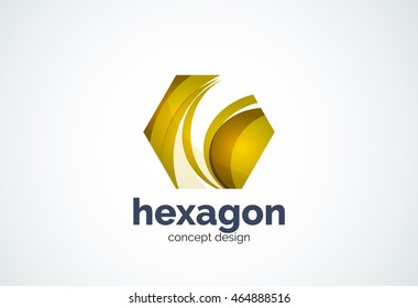 Hexagon logo template, cell concept - geometric minimal style, created with overlapping curve elements and waves. Corporate identity emblem, abstract business company branding element