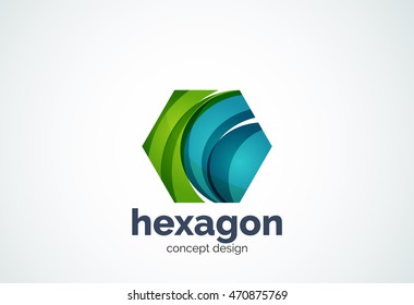 Plantilla de logotipo de hexágono, concepto de celda - estilo mínimo geométrico, creado con elementos de curva superpuestos y ondas. Emblema de identidad corporativa, elemento abstracto de marca de empresa