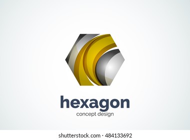 Plantilla de logotipo de hexágono, concepto de celda - estilo mínimo geométrico, creado con elementos de curva superpuestos y ondas. Emblema de identidad corporativa, elemento abstracto de marca de empresa