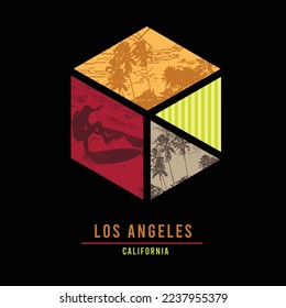 Hexagon Los Angeles California Tropical Beach Scenery graphics high wave surfer Palm tree poster graphic design t shirt print vector