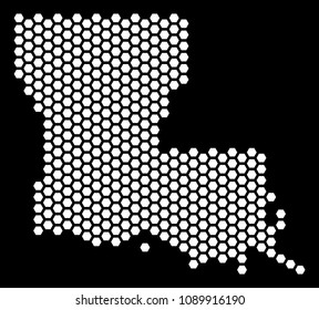 Hexagon Louisiana State map. Vector territorial plan on a black background. Abstract Louisiana State map mosaic is organized with hex-tile items.