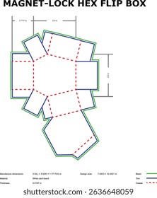 Hexagon magnet lock flip box template with measurement dimensions and crease lines