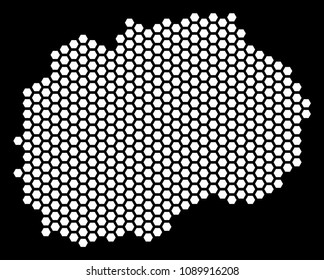 Hexagon Makedonia map. Vector territory scheme on a black background. Abstract Makedonia map composition is combined of hex tile cells.
