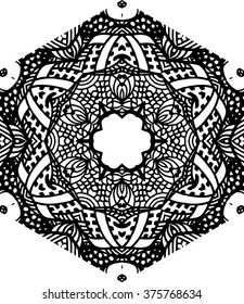 Hexagon mandala pattern. Coloring book. Tribal freehand hexagon mandala print. Ethnic hexagon mandala print for t-shirt. Free hand drawing hexagon mandala vector motif. Black and white hexagon grunge