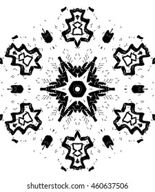 Hexagon mandala pattern. Ethnic hexagon mandala print for t-shirt. Free hand drawing vector motif. Black and whithe grunge ornament