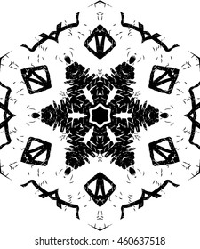 Hexagon mandala pattern. Ethnic hexagon mandala print for t-shirt. Free hand drawing vector motif. Black and whithe grunge ornament