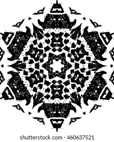 Hexagon mandala pattern. Ethnic hexagon mandala print for t-shirt. Free hand drawing vector motif. Black and whithe grunge ornament