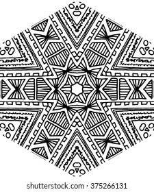Hexagon mandala pattern. Tribal freehand hexagon mandala print. Ethnic hexagon mandala print for t-shirt. Free hand drawing hexagon mandala vector motif. Black and white hexagon mandala grunge