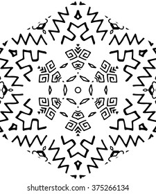 Hexagon mandala pattern. Tribal freehand hexagon mandala print. Ethnic hexagon mandala print for t-shirt. Free hand drawing hexagon mandala vector motif. Black and white hexagon mandala grunge