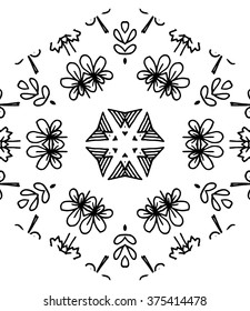 Hexagon mandala pattern. Tribal freehand hexagon mandala print. Ethnic hexagon mandala print for t-shirt. Free hand drawing hexagon mandala vector motif. Black and white hexagon mandala grunge