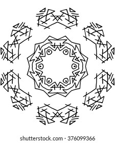 Hexagon mandala pattern. Tribal freehand hexagon mandala print. Ethnic hexagon mandala print for t-shirt. Free hand drawing hexagon mandala vector motif. Black and white hexagon mandala grunge