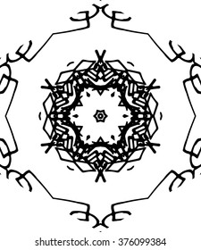 Hexagon mandala pattern. Tribal freehand hexagon mandala print. Ethnic hexagon mandala print for t-shirt. Free hand drawing hexagon mandala vector motif. Black and white hexagon mandala grunge