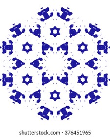 Hexagon mandala pattern. Tribal freehand hexagon mandala print. Ethnic hexagon mandala print for t-shirt. Free hand drawing hexagon mandala vector motif. Indigo blue and white hexagon grunge mandala.