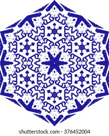 
Hexagon mandala pattern. Tribal freehand hexagon mandala print. Ethnic hexagon mandala print for t-shirt. Free hand drawing hexagon mandala vector motif. Indigo blue and white hexagon grunge mandala.