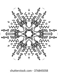 Hexagon mandala pattern. Tribal freehand hexagon mandala print. Ethnic hexagon mandala print for t-shirt. Free hand drawing hexagon mandala vector motif. Black and white hexagon mandala grunge