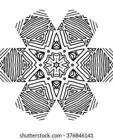 Hexagon mandala pattern. Tribal freehand hexagon mandala print. Ethnic hexagon mandala print for t-shirt. Free hand drawing hexagon mandala vector motif. Black and white hexagon mandala grunge