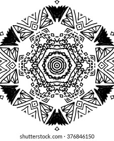 Hexagon mandala pattern. Tribal freehand hexagon mandala print. Ethnic hexagon mandala print for t-shirt. Free hand drawing hexagon mandala vector motif. Black and white hexagon mandala grunge