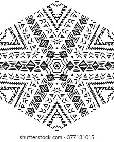 Hexagon mandala pattern. Tribal freehand hexagon mandala print. Ethnic hexagon mandala print for t-shirt. Free hand drawing hexagon mandala vector motif. Black and white hexagon mandala grunge