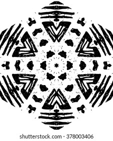 Hexagon mandala pattern. Tribal freehand hexagon mandala print. Ethnic hexagon mandala print for t-shirt. Free hand drawing hexagon mandala vector motif. Black and white hexagon mandala grunge