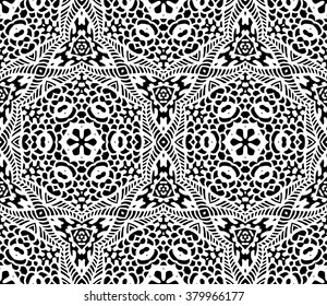 Hexagon mandala pattern. Tribal freehand hexagon mandala print. Ethnic hexagon mandala print for t-shirt. Free hand drawing hexagon mandala vector motif. Black and white hexagon mandala 
