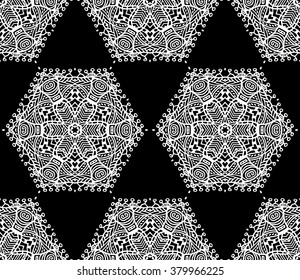 Hexagon mandala pattern. Tribal freehand hexagon mandala print. Ethnic hexagon mandala print for t-shirt. Free hand drawing hexagon mandala vector motif. Black and white hexagon mandala 