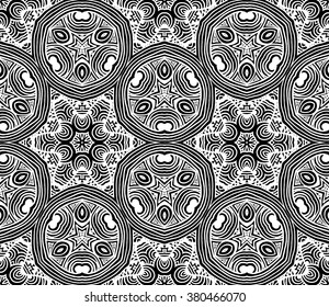 Hexagon mandala pattern. Tribal freehand hexagon mandala print. Ethnic hexagon mandala print for t-shirt. Free hand drawing hexagon mandala vector motif. Black and white hexagon mandala 