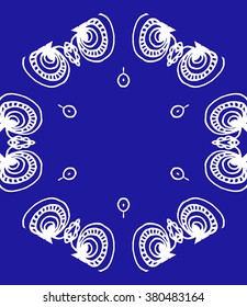 Hexagon mandala pattern. Tribal freehand hexagon mandala print. Ethnic hexagon mandala print for t-shirt. Free hand drawing hexagon mandala vector motif. Blue indigo and white hexagon mandala 