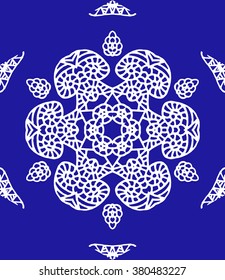 Hexagon mandala pattern. Tribal freehand hexagon mandala print. Ethnic hexagon mandala print for t-shirt. Free hand drawing hexagon mandala vector motif. Blue indigo and white hexagon mandala 