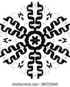 Hexagon mandala pattern. Tribal freehand hexagon mandala print. Ethnic hexagon mandala print for t-shirt. Free hand drawing hexagon mandala vector motif. Black and white hexagon mandala grunge