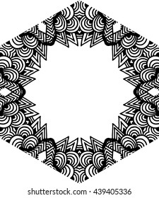 Hexagon mandala pattern. Tribal freehand hexagon mandala print. Ethnic hexagon mandala print for t-shirt. Free hand drawing vector motif. Black and white pattern.