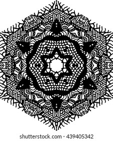 Hexagon mandala pattern. Tribal freehand hexagon mandala print. Ethnic hexagon mandala print for t-shirt. Free hand drawing vector motif. Black and white pattern.