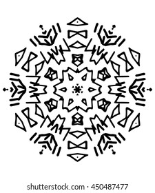 Hexagon mandala pattern. Tribal freehand medallion print. Ethnic hexagon mandala print for t-shirt. Free hand drawing vector motif. Black and whithe grunge ornament
