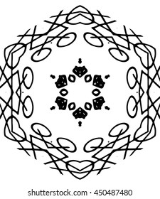 Hexagon mandala pattern. Tribal freehand medallion print. Ethnic hexagon mandala print for t-shirt. Free hand drawing vector motif. Black and whithe grunge ornament