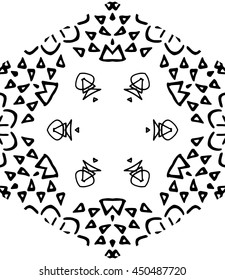 Hexagon mandala pattern. Tribal freehand medallion print. Ethnic hexagon mandala print for t-shirt. Free hand drawing vector motif. Black and whithe grunge ornament