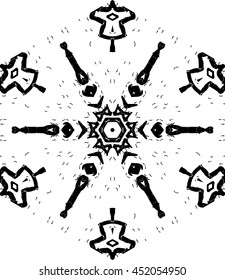 Hexagon mandala pattern. Tribal freehand medallion print. Ethnic hexagon mandala print for t-shirt. Free hand drawing vector motif. Black and whithe grunge ornament