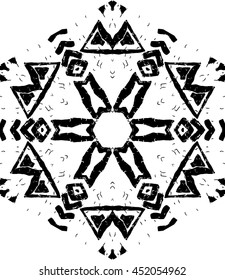 Hexagon mandala pattern. Tribal freehand medallion print. Ethnic hexagon mandala print for t-shirt. Free hand drawing vector motif. Black and whithe grunge ornament