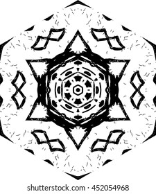 Hexagon mandala pattern. Tribal freehand medallion print. Ethnic hexagon mandala print for t-shirt. Free hand drawing vector motif. Black and whithe grunge ornament